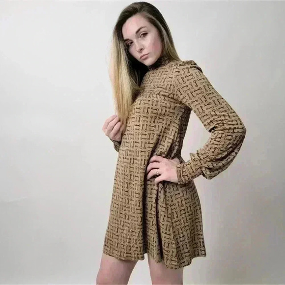Juicy Couture Brown Silk Key Print Mock Collared Long Sleeve Mini Dress - S - Picture 1 of 11